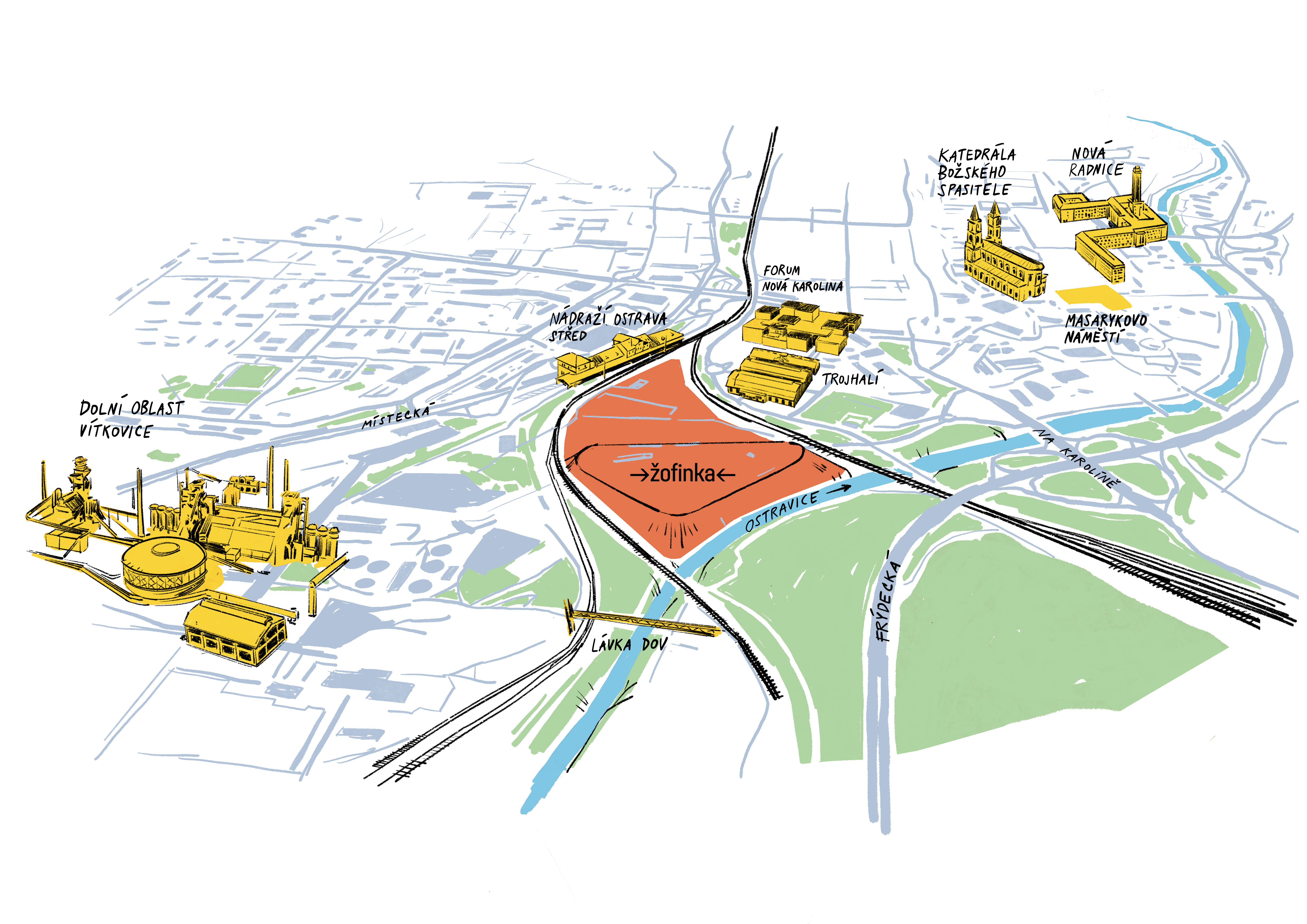 Ilustrace, z nadhledu vymezující řešené území Urbanisticko-architektonické soutěže Žofinka, Ostrava, zdroj: ONplan